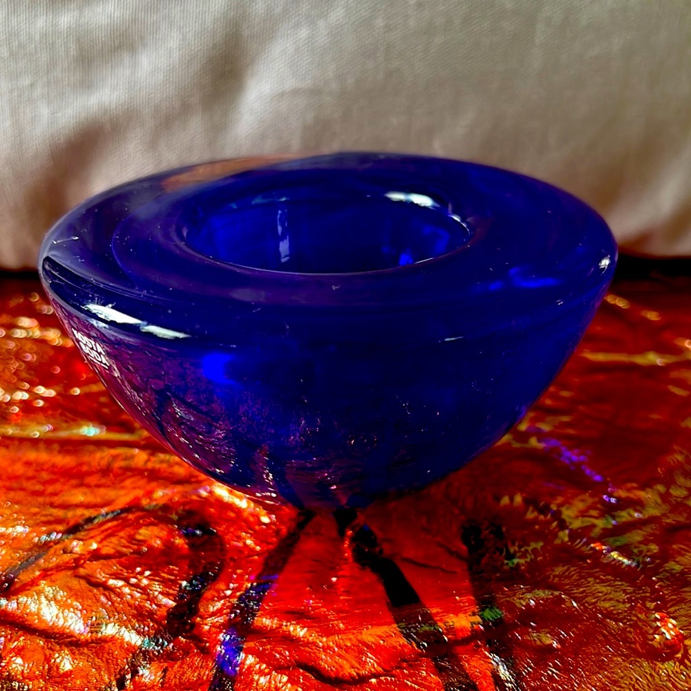 Beautiful cobalt blue Kosta Boda candle holder or trinket bowl. Weighty piece.